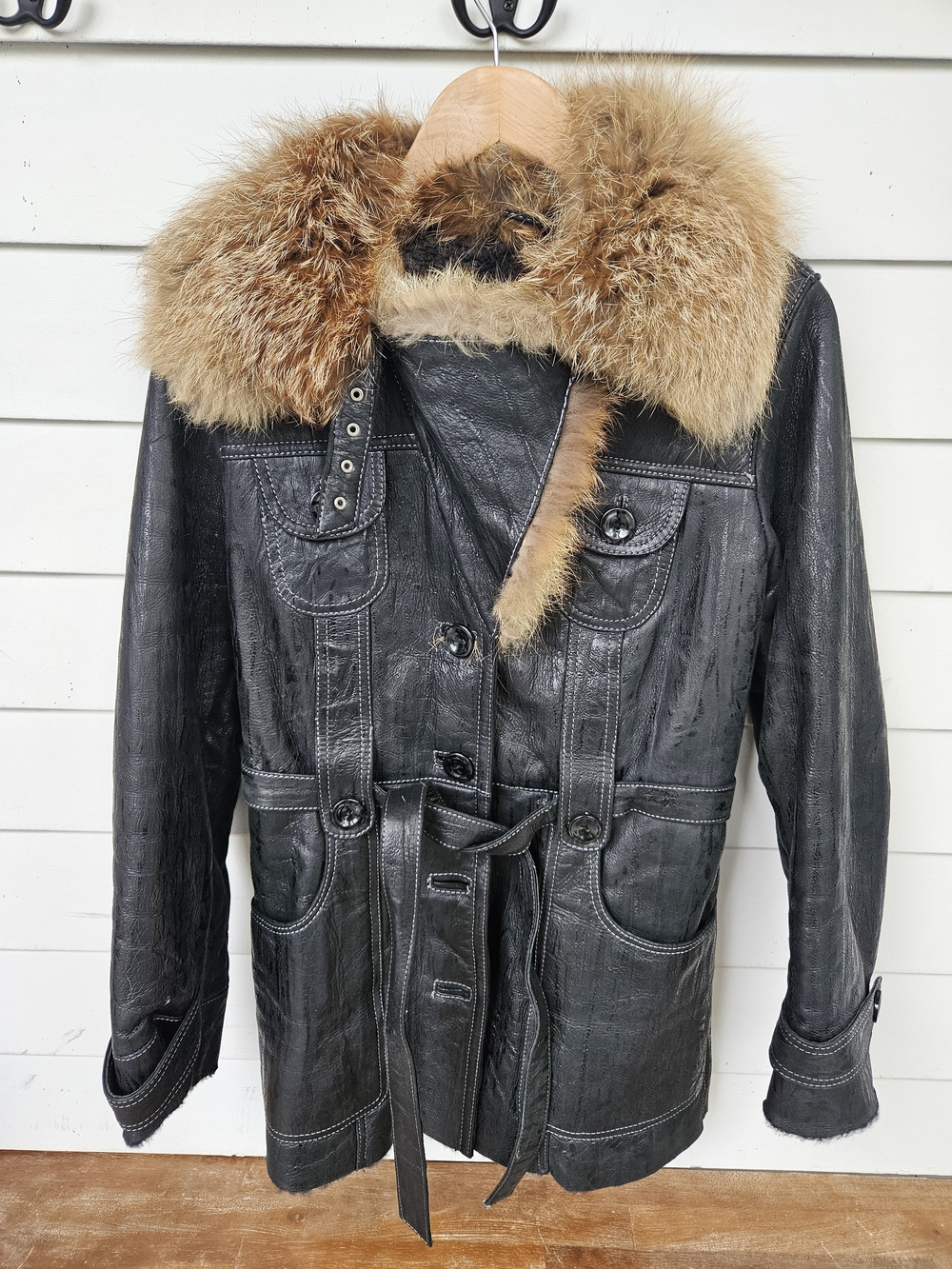Black Leather Coat with Natural Fur Collar - Women's Jacket